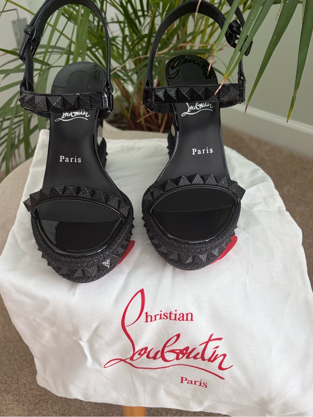 Christian Louboutin Black Patent Studded Platform Sandals